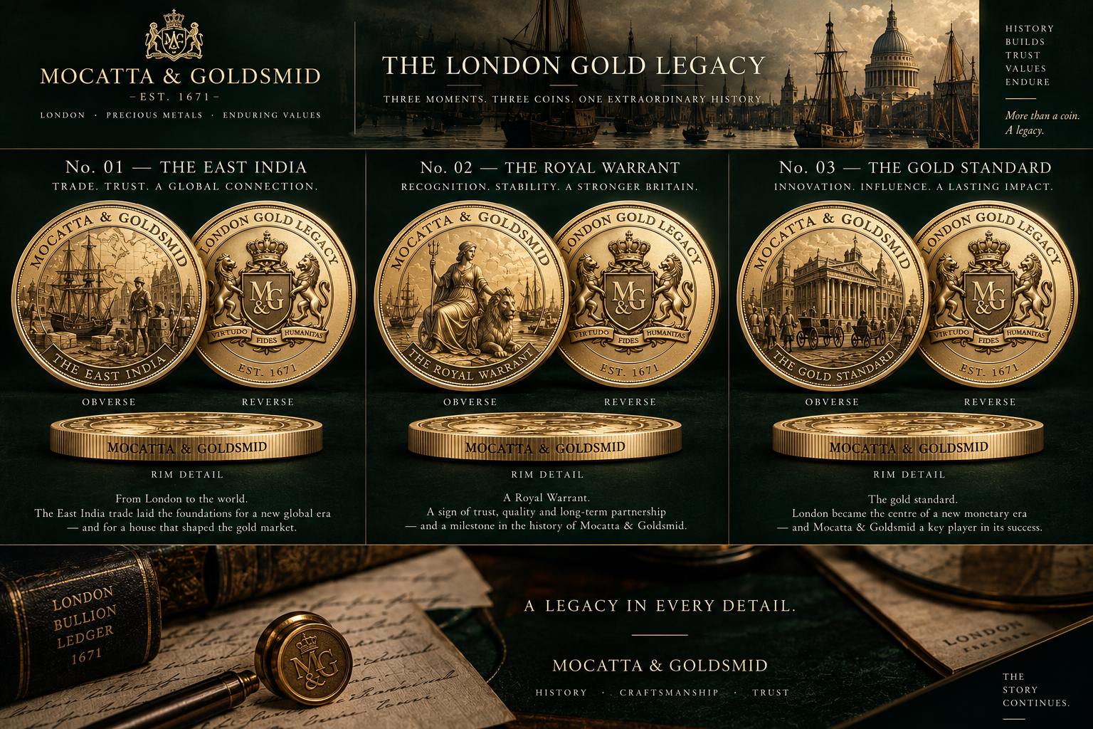 Mocatta & Goldsmid The London Gold Legacy — Übersicht der drei Goldmünzen mit Avers, Revers und graviertem Randdetail