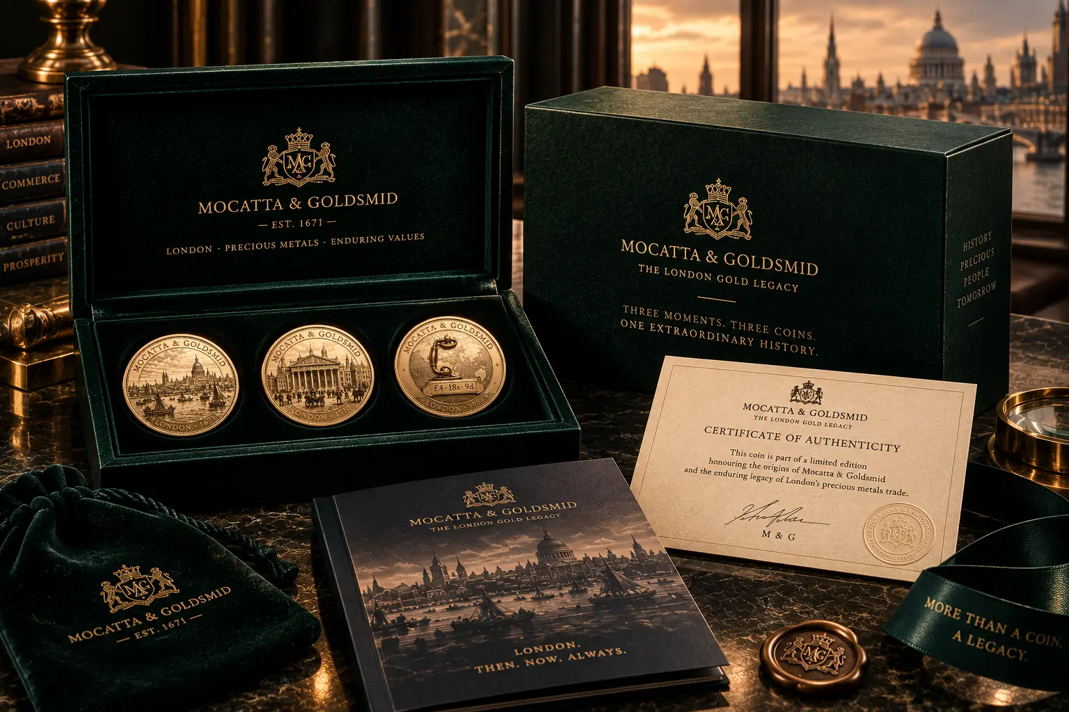 Mocatta & Goldsmid London Gold Legacy presentation box and certificate