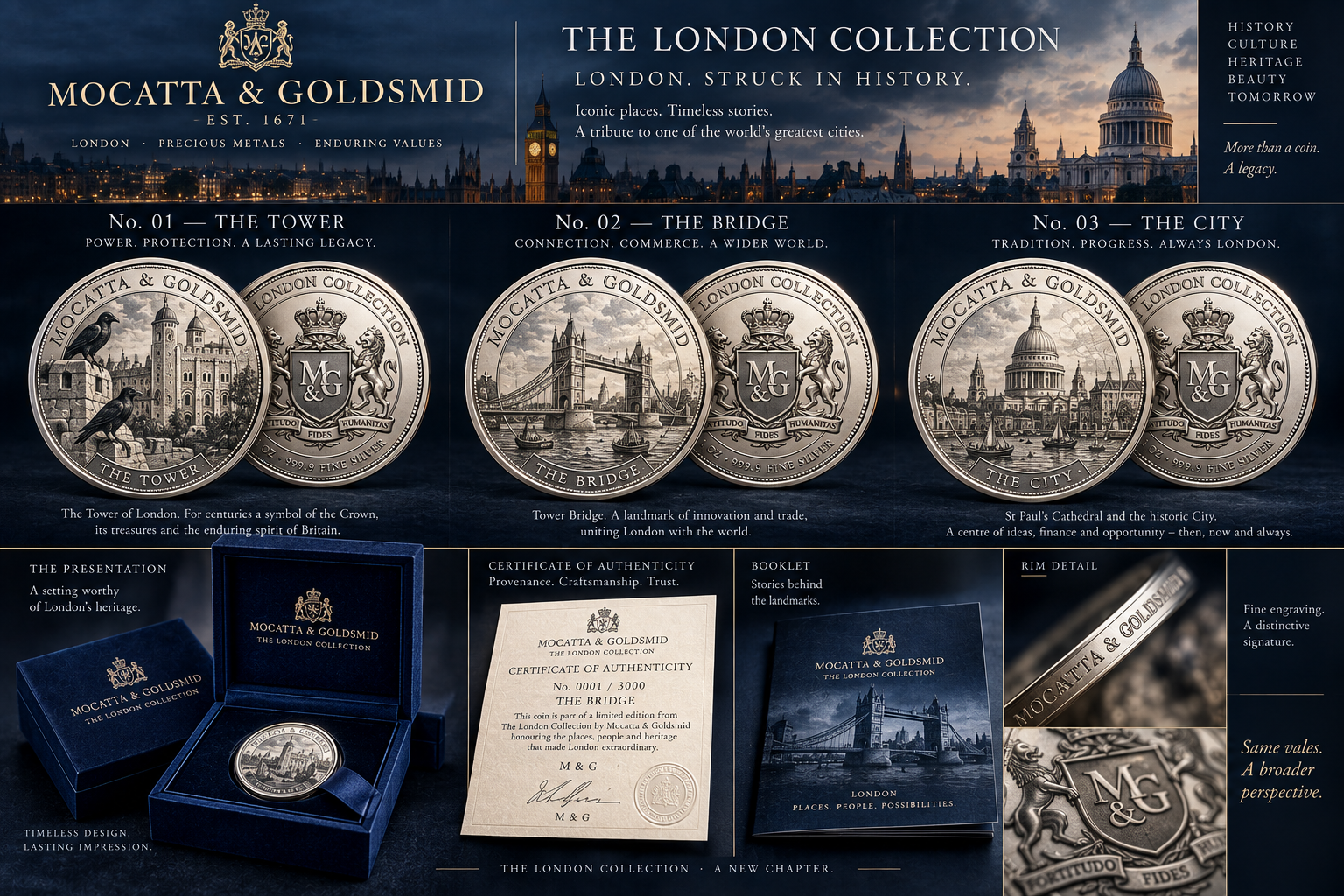 Tiefblaue Präsentationsbox der London Collection mit drei Silbermünzen, Außenverpackung, Echtheitszertifikat, nummerierter Collection Card und Heritage Booklet