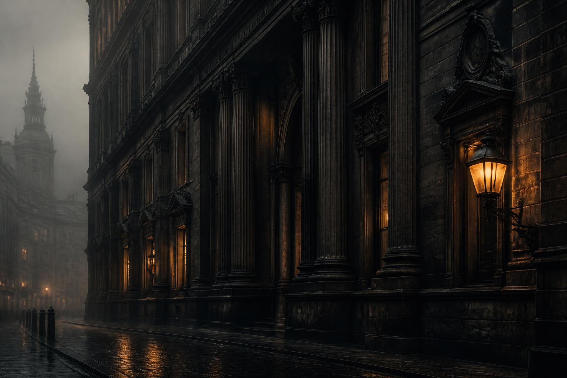 Historische Fassade eines Londoner Handelshauses in der City of London bei Dämmerung